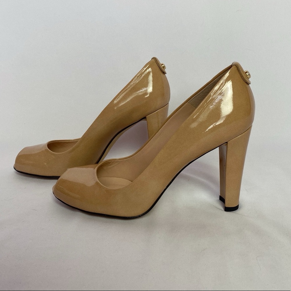 Stuart Weitzman nude patent open toe heels